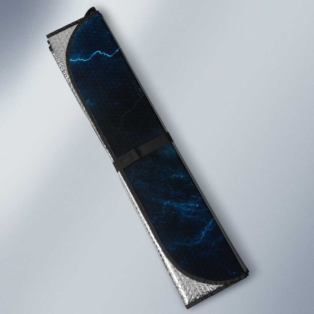 Personalized Bowling Skull Auto Sun Shade with Blue Flame Energy and Electric Lightning Strike Pattern - Wonder Print Shop