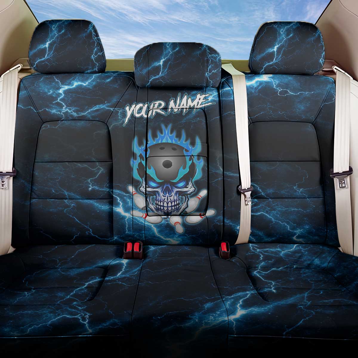 Personalized Bowling Skull Back Car Seat Cover with Blue Flame Energy and Electric Lightning Strike Pattern - Wonder Print Shop