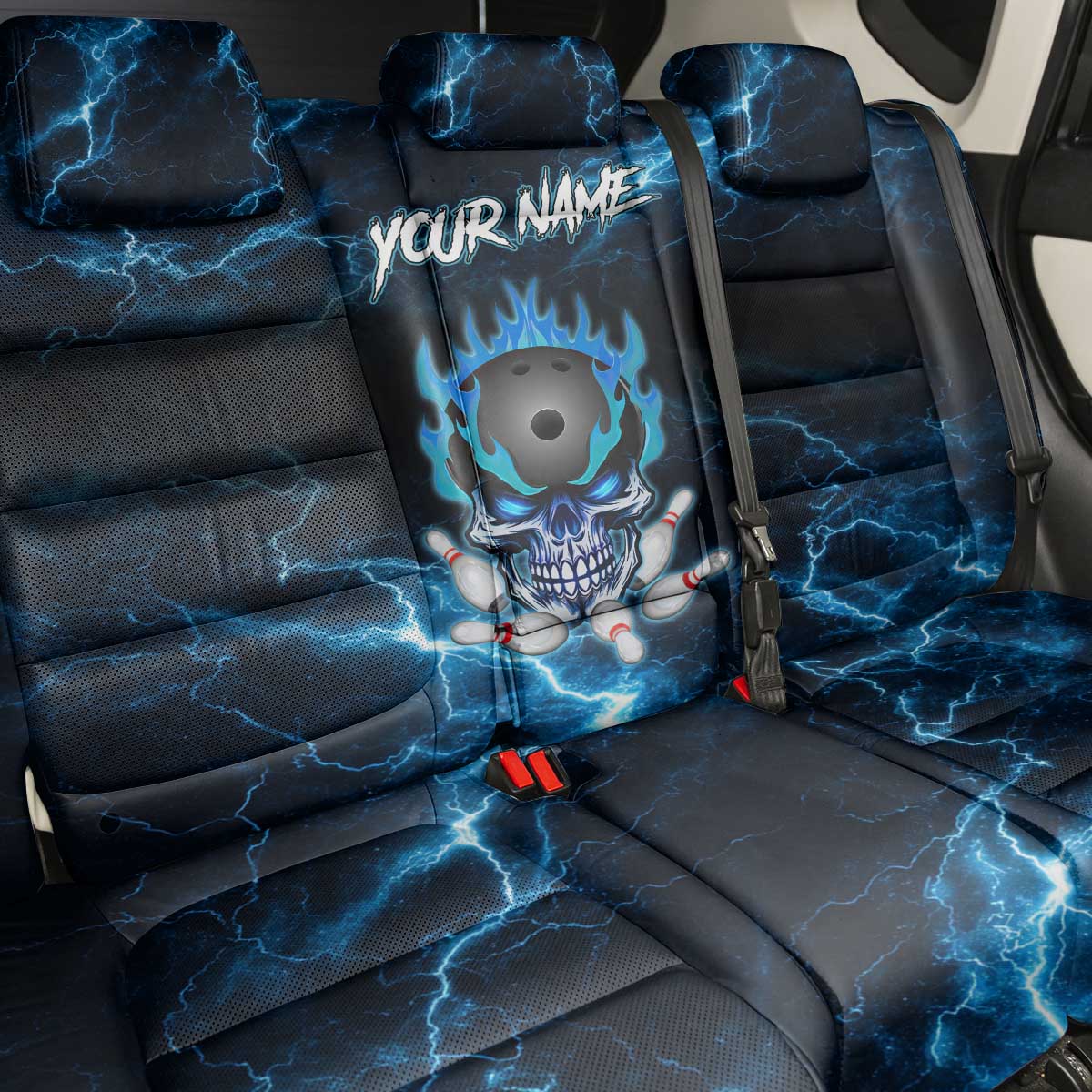 Personalized Bowling Skull Back Car Seat Cover with Blue Flame Energy and Electric Lightning Strike Pattern - Wonder Print Shop