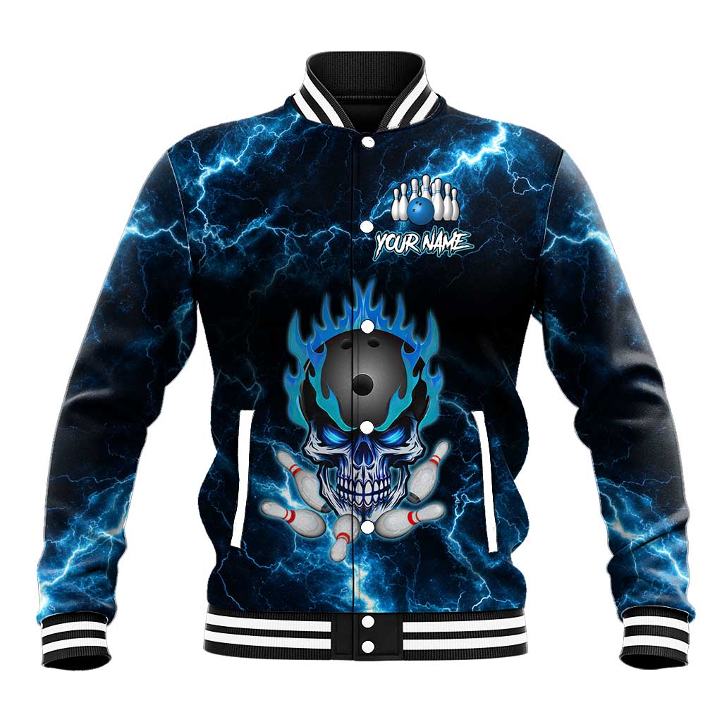 Personalized Bowling Skull Baseball Jacket with Blue Flame Energy and Electric Lightning Strike Pattern - Wonder Print Shop