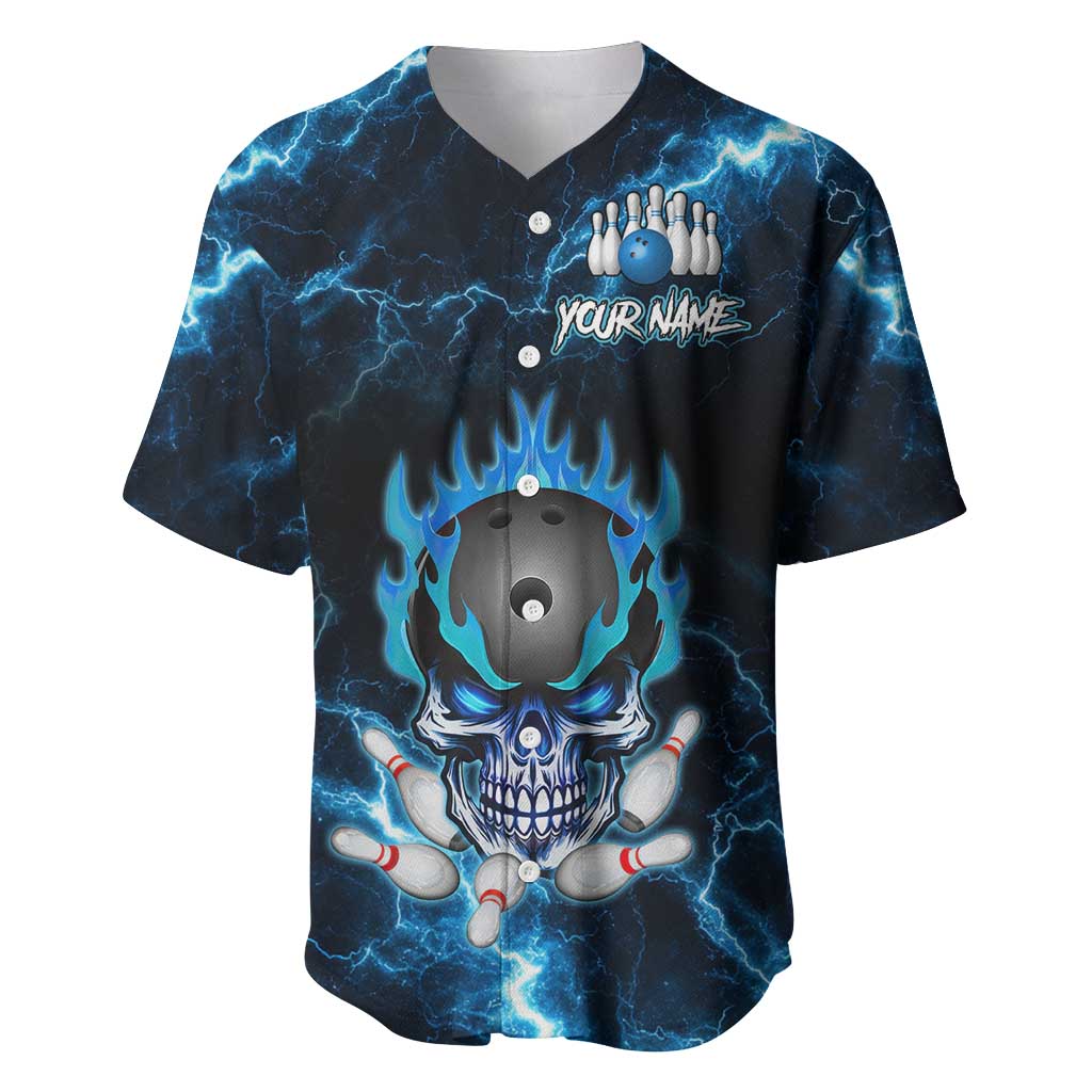 Personalized Bowling Skull Baseball Jersey with Blue Flame Energy and Electric Lightning Strike Pattern - Wonder Print Shop
