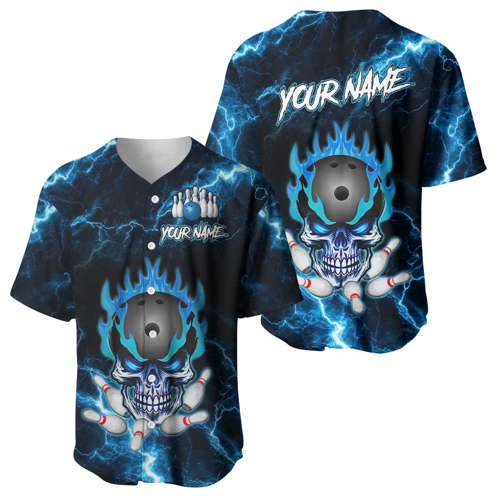 Personalized Bowling Skull Baseball Jersey with Blue Flame Energy and Electric Lightning Strike Pattern - Wonder Print Shop