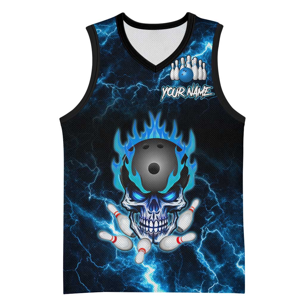 Personalized Bowling Skull Basketball Jersey with Blue Flame Energy and Electric Lightning Strike Pattern - Wonder Print Shop