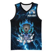 Personalized Bowling Skull Basketball Jersey with Blue Flame Energy and Electric Lightning Strike Pattern - Wonder Print Shop