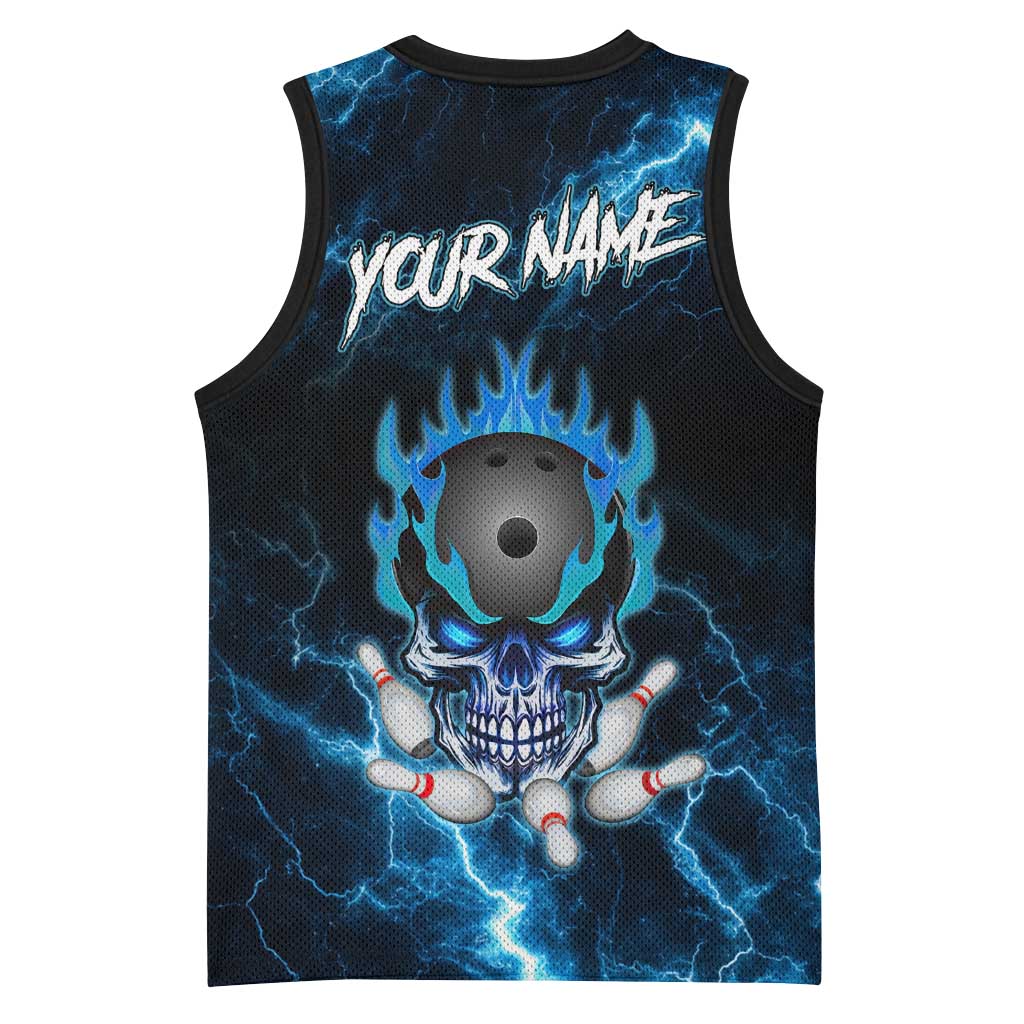 Personalized Bowling Skull Basketball Jersey with Blue Flame Energy and Electric Lightning Strike Pattern - Wonder Print Shop
