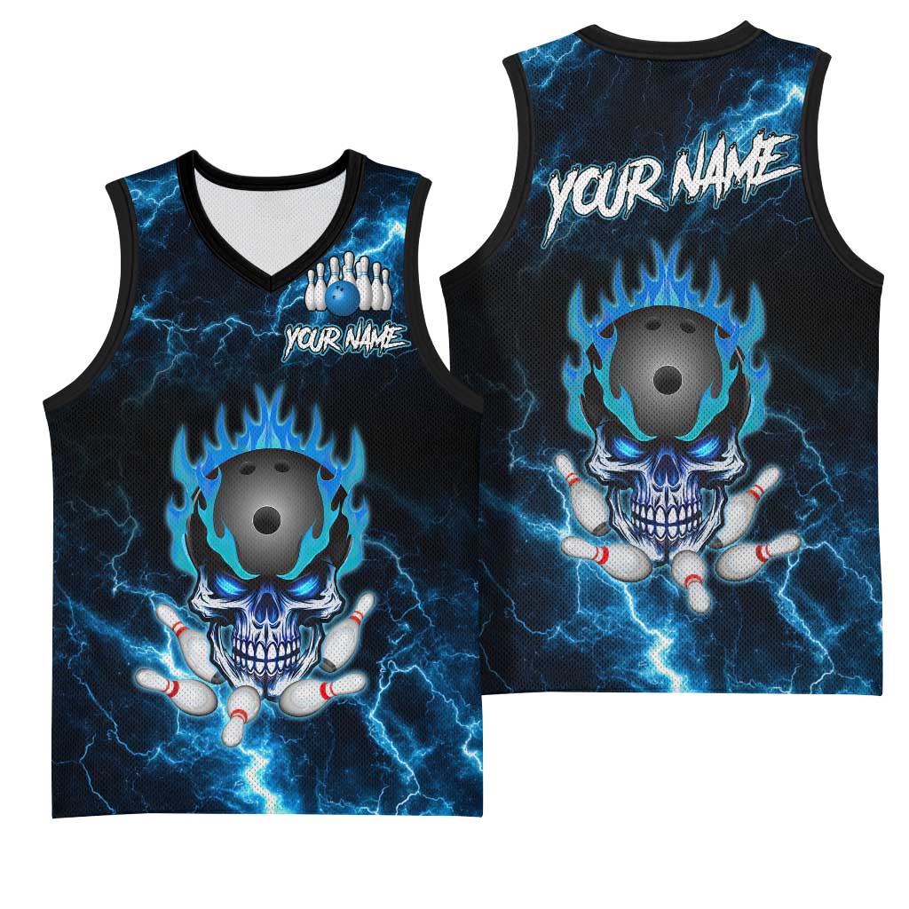 Personalized Bowling Skull Basketball Jersey with Blue Flame Energy and Electric Lightning Strike Pattern - Wonder Print Shop