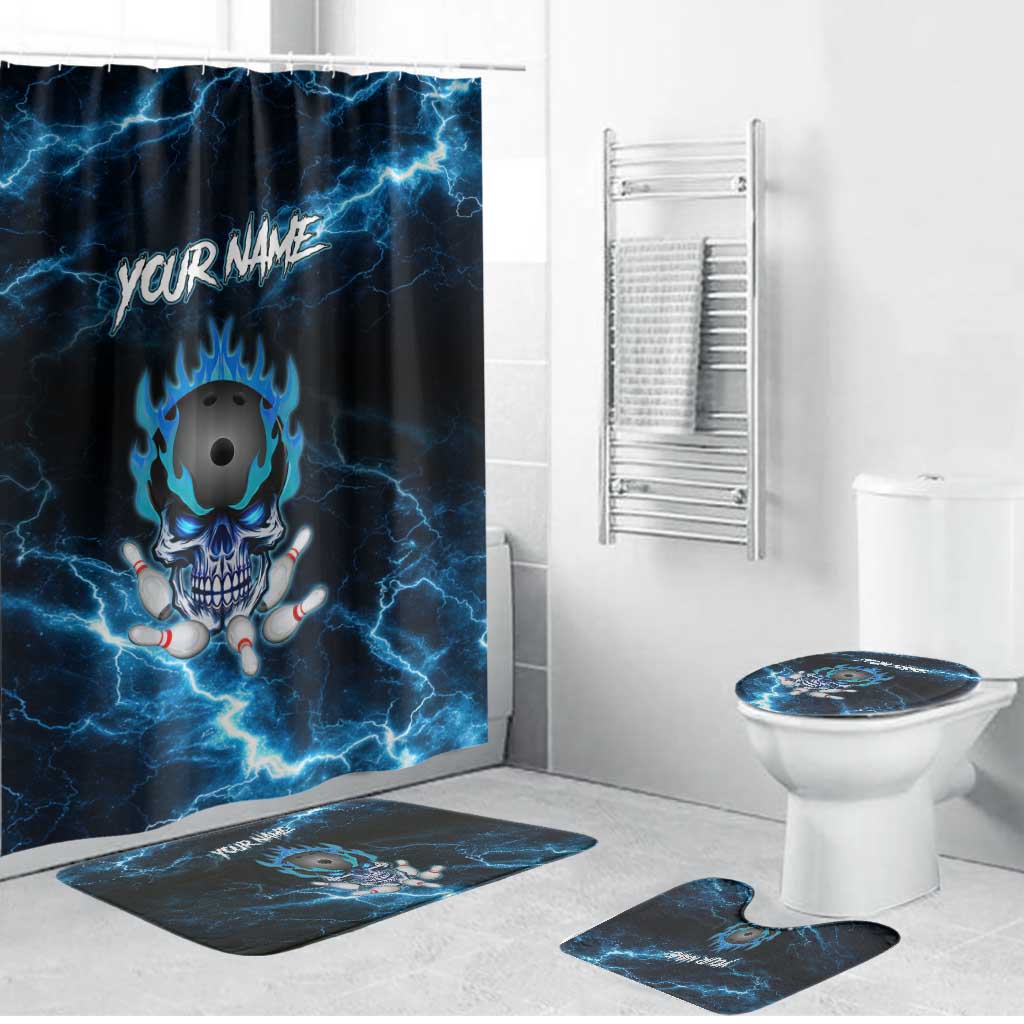 Personalized Bowling Skull Bathroom Set with Blue Flame Energy and Electric Lightning Strike Pattern - Wonder Print Shop