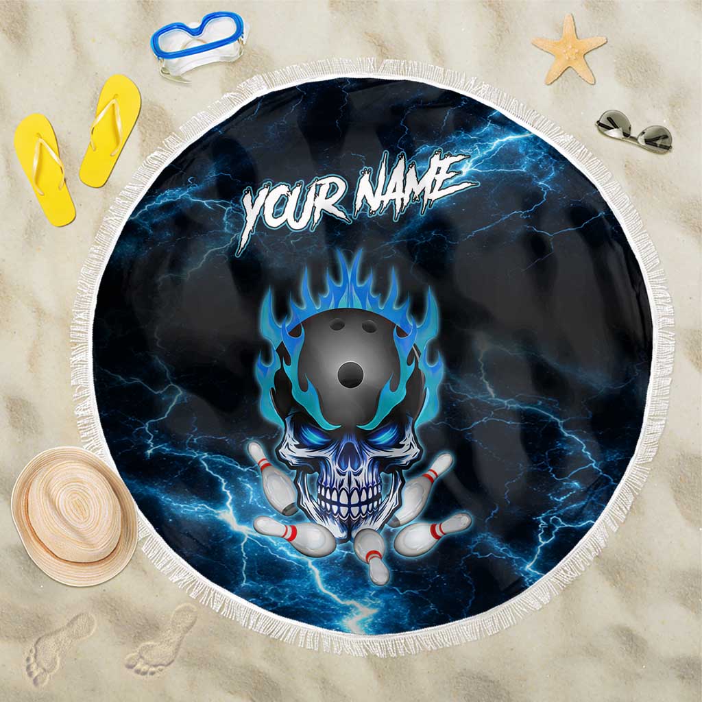 Personalized Bowling Skull Beach Blanket with Blue Flame Energy and Electric Lightning Strike Pattern - Wonder Print Shop