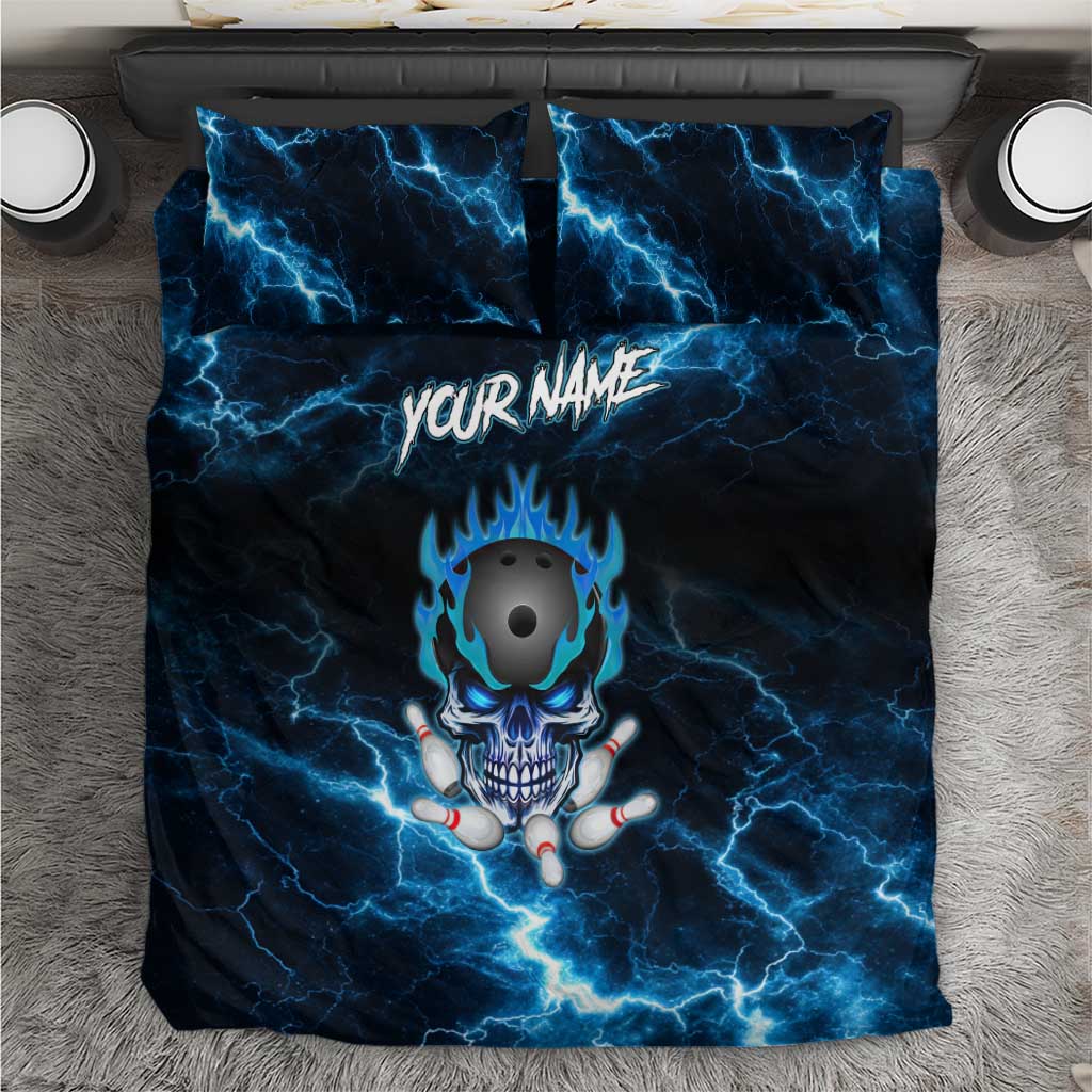 Personalized Bowling Skull Bedding Set with Blue Flame Energy and Electric Lightning Strike Pattern - Wonder Print Shop
