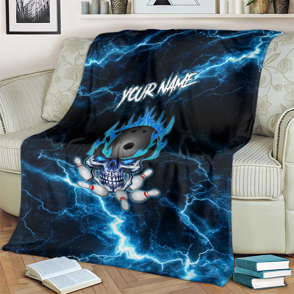 Personalized Bowling Skull Blanket with Blue Flame Energy and Electric Lightning Strike Pattern - Wonder Print Shop