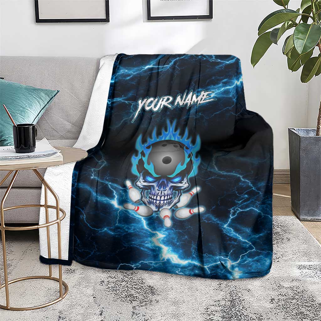 Personalized Bowling Skull Blanket with Blue Flame Energy and Electric Lightning Strike Pattern - Wonder Print Shop