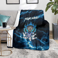 Personalized Bowling Skull Blanket with Blue Flame Energy and Electric Lightning Strike Pattern - Wonder Print Shop