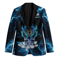 Personalized Bowling Skull Blazer with Blue Flame Energy and Electric Lightning Strike Pattern - Wonder Print Shop