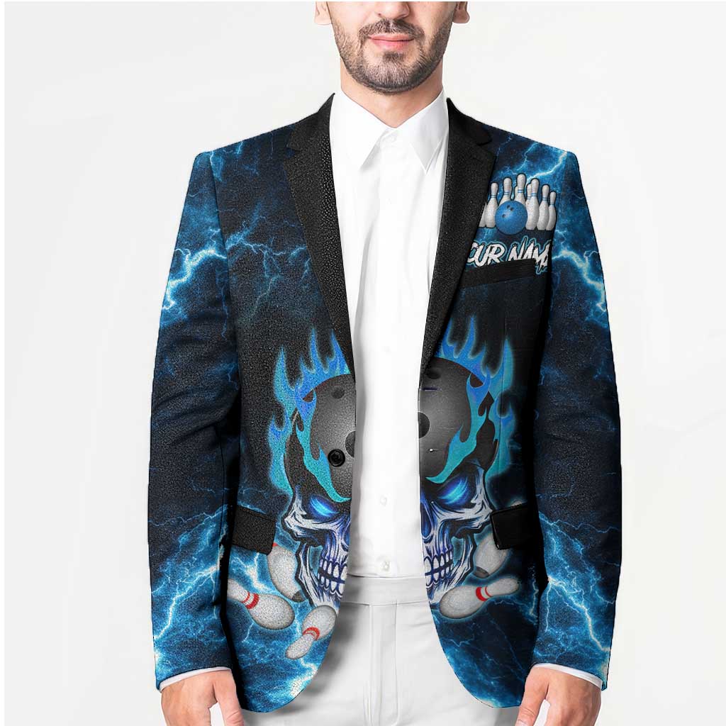 Personalized Bowling Skull Blazer with Blue Flame Energy and Electric Lightning Strike Pattern - Wonder Print Shop