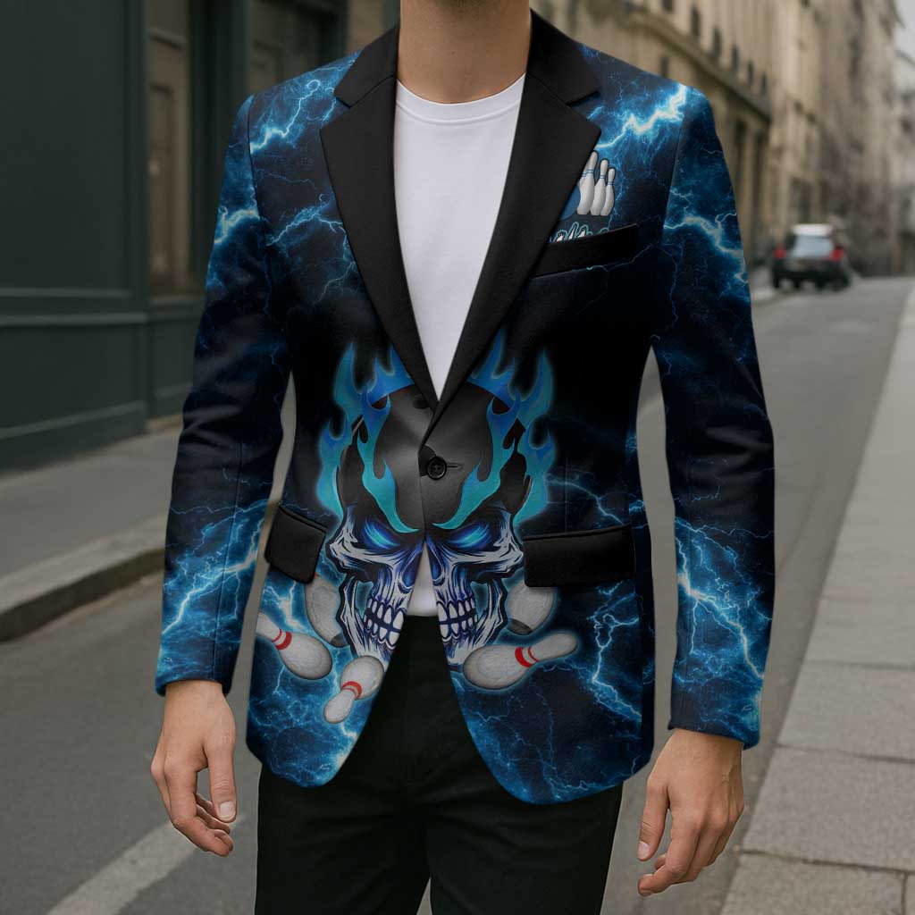 Personalized Bowling Skull Blazer with Blue Flame Energy and Electric Lightning Strike Pattern - Wonder Print Shop