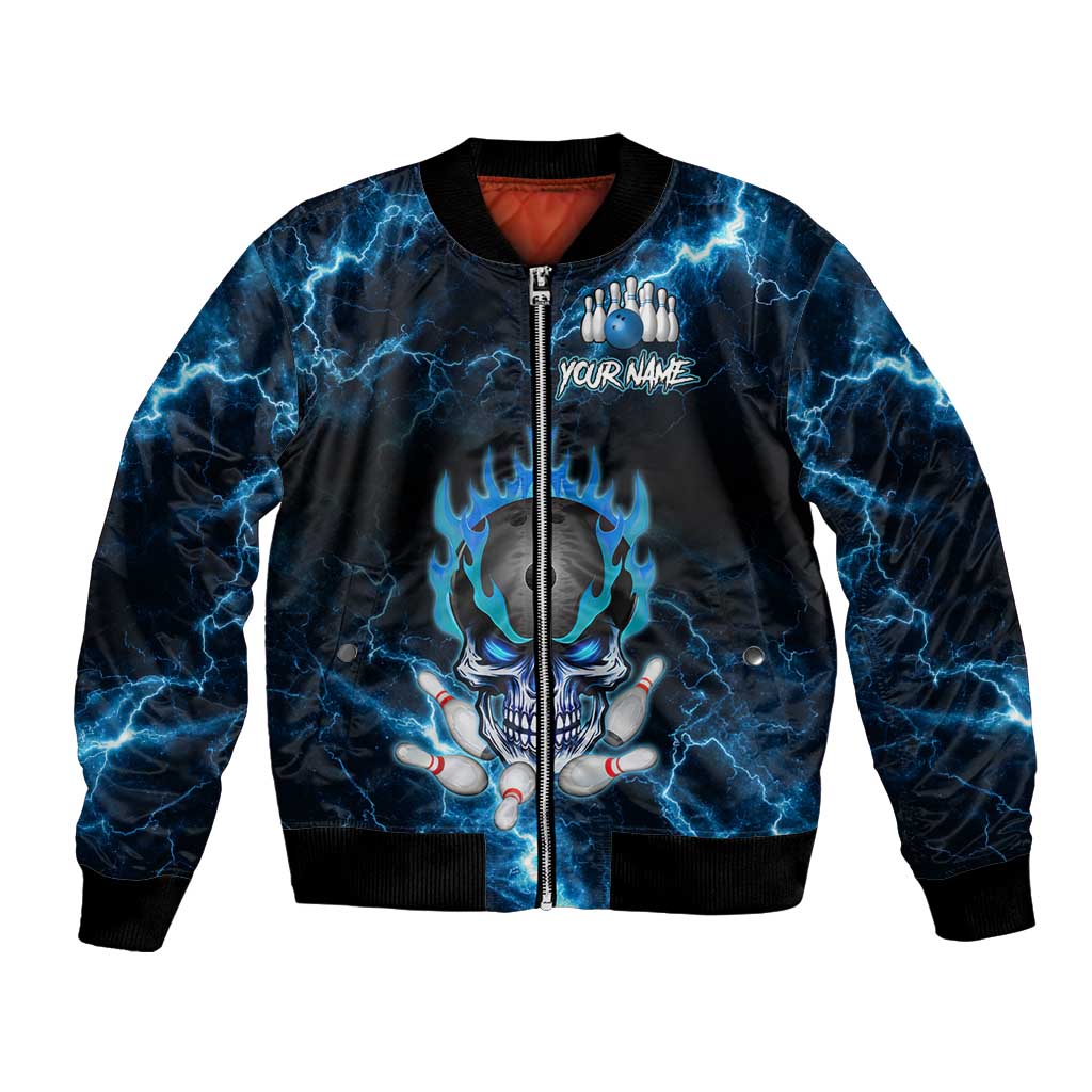 Personalized Bowling Skull Bomber Jacket with Blue Flame Energy and Electric Lightning Strike Pattern - Wonder Print Shop