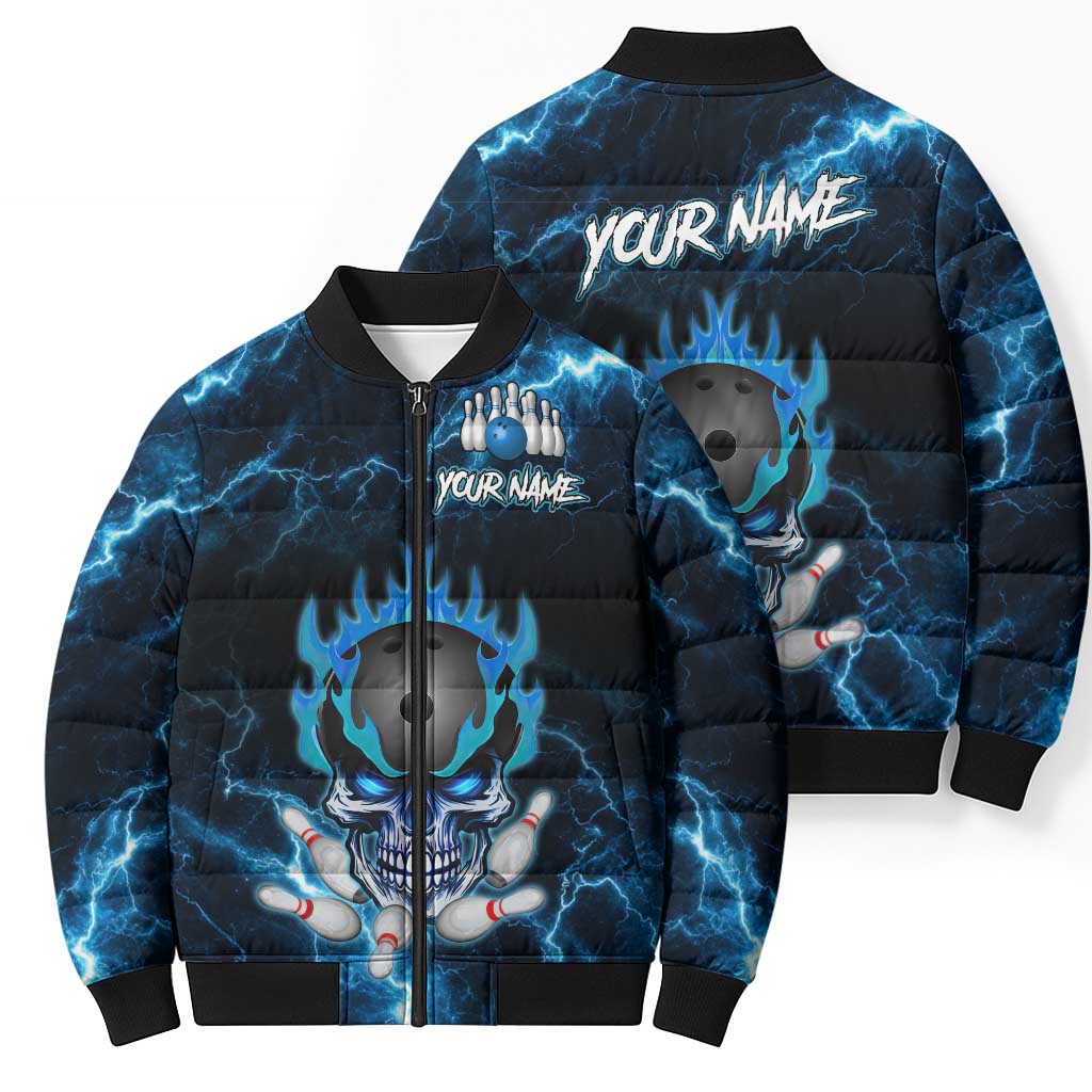 Personalized Bowling Skull Bomber Puffer Jacket with Blue Flame Energy and Electric Lightning Strike Pattern - Wonder Print Shop