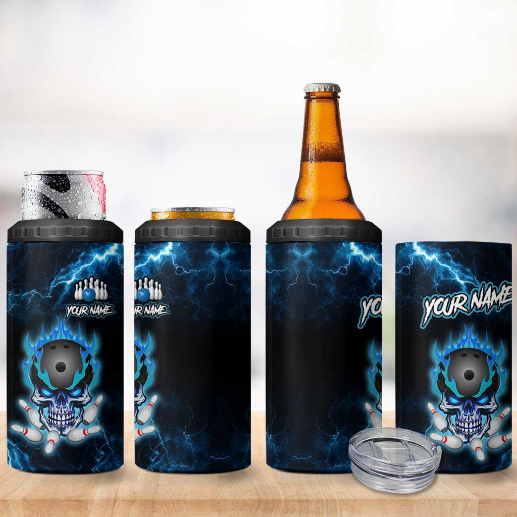 Personalized Bowling Skull 4 in 1 Can Cooler Tumbler with Blue Flame Energy and Electric Lightning Strike Pattern - Wonder Print Shop