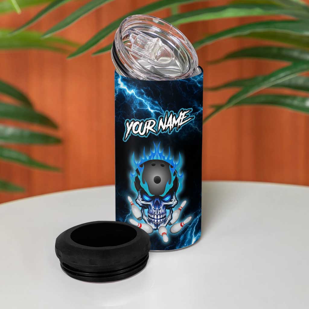 Personalized Bowling Skull 4 in 1 Can Cooler Tumbler with Blue Flame Energy and Electric Lightning Strike Pattern - Wonder Print Shop