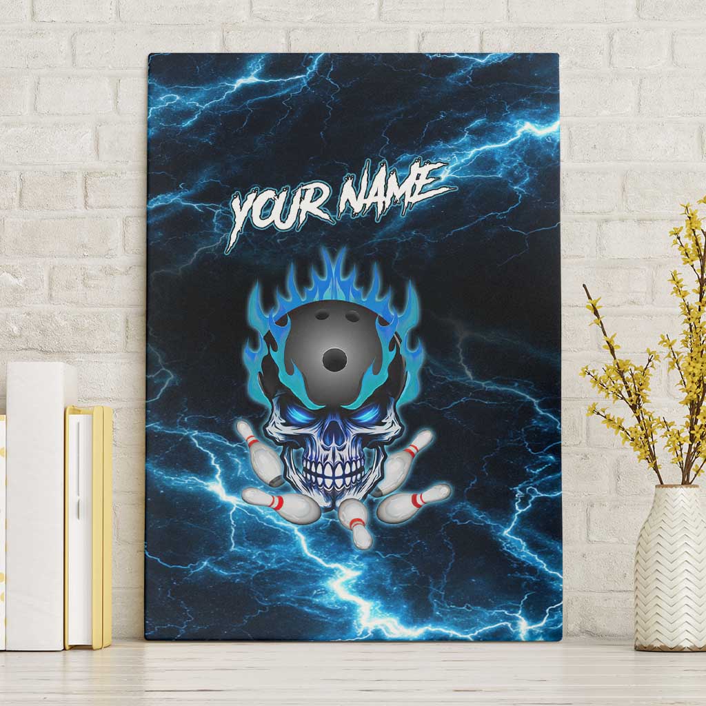Personalized Bowling Skull Canvas Wall Art with Blue Flame Energy and Electric Lightning Strike Pattern - Wonder Print Shop