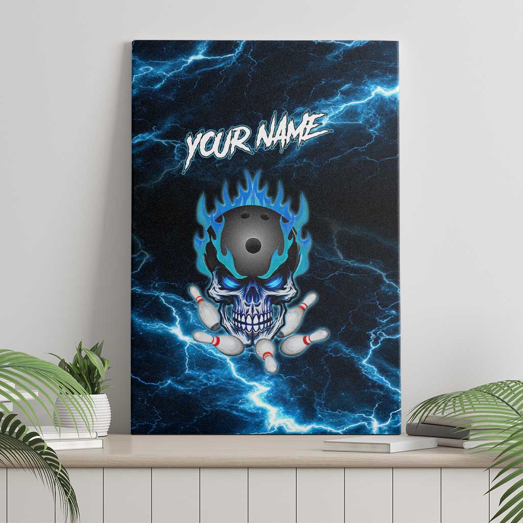 Personalized Bowling Skull Canvas Wall Art with Blue Flame Energy and Electric Lightning Strike Pattern - Wonder Print Shop