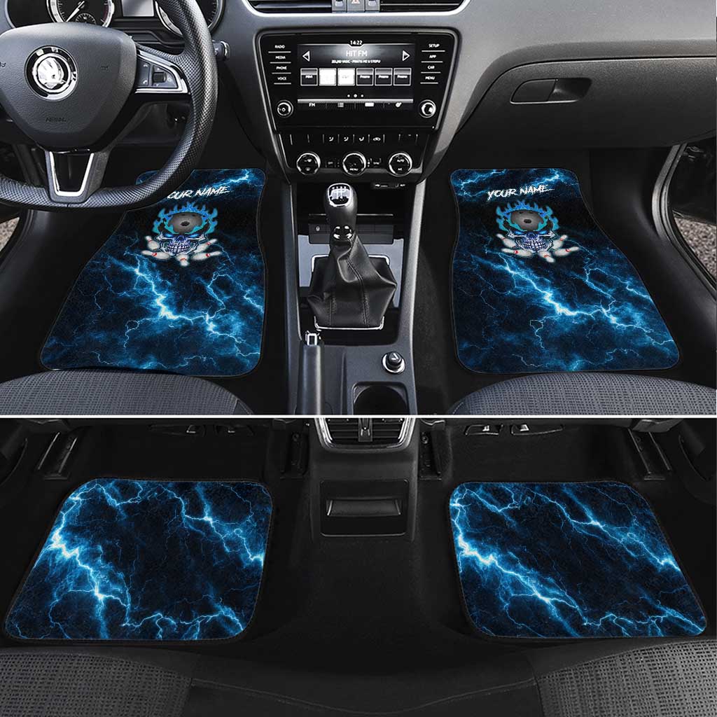 Personalized Bowling Skull Car Mats with Blue Flame Energy and Electric Lightning Strike Pattern - Wonder Print Shop
