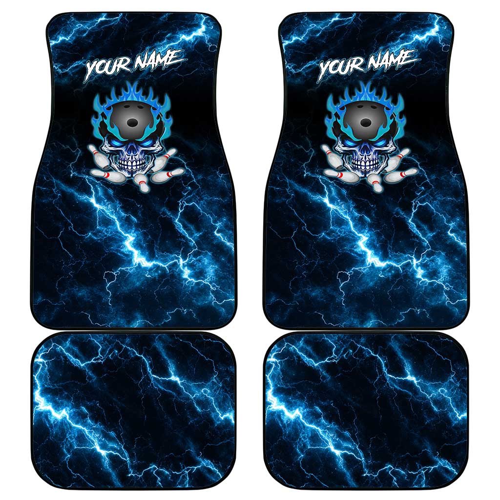 Personalized Bowling Skull Car Mats with Blue Flame Energy and Electric Lightning Strike Pattern - Wonder Print Shop