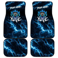 Personalized Bowling Skull Car Mats with Blue Flame Energy and Electric Lightning Strike Pattern - Wonder Print Shop