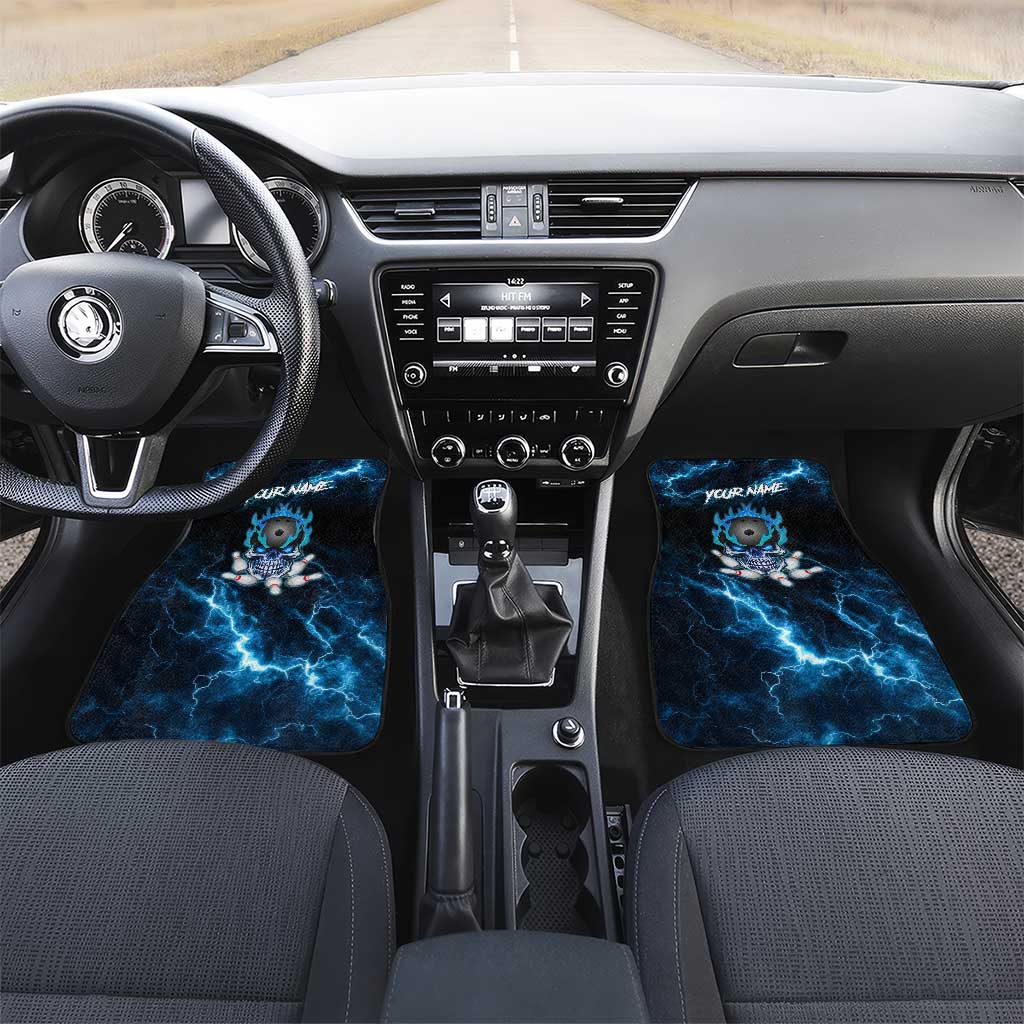 Personalized Bowling Skull Car Mats with Blue Flame Energy and Electric Lightning Strike Pattern - Wonder Print Shop