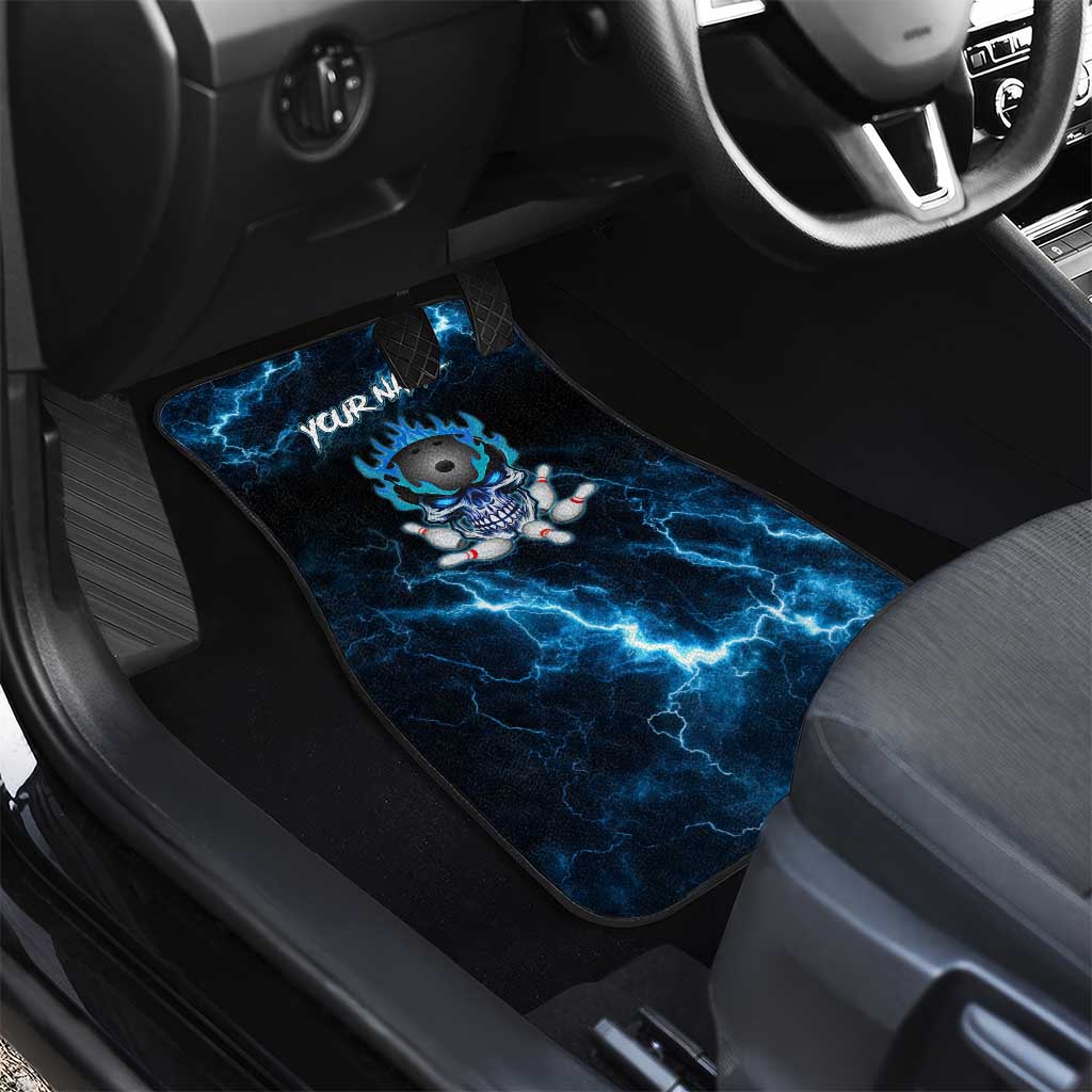 Personalized Bowling Skull Car Mats with Blue Flame Energy and Electric Lightning Strike Pattern - Wonder Print Shop