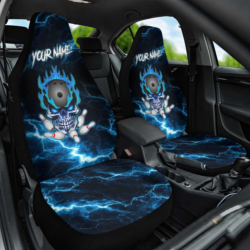 Personalized Bowling Skull Car Seat Cover with Blue Flame Energy and Electric Lightning Strike Pattern - Wonder Print Shop