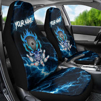 Personalized Bowling Skull Car Seat Cover with Blue Flame Energy and Electric Lightning Strike Pattern - Wonder Print Shop
