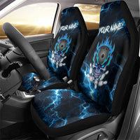 Personalized Bowling Skull Car Seat Cover with Blue Flame Energy and Electric Lightning Strike Pattern - Wonder Print Shop