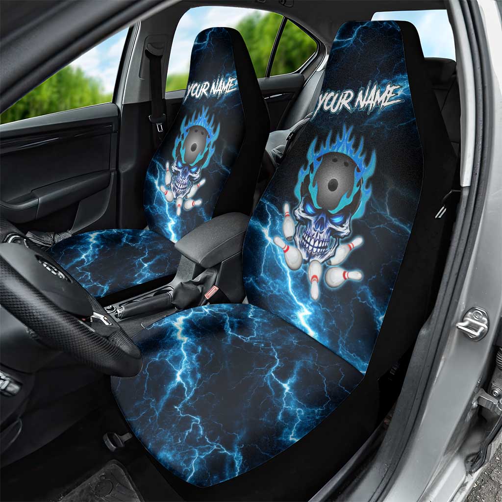 Personalized Bowling Skull Car Seat Cover with Blue Flame Energy and Electric Lightning Strike Pattern - Wonder Print Shop