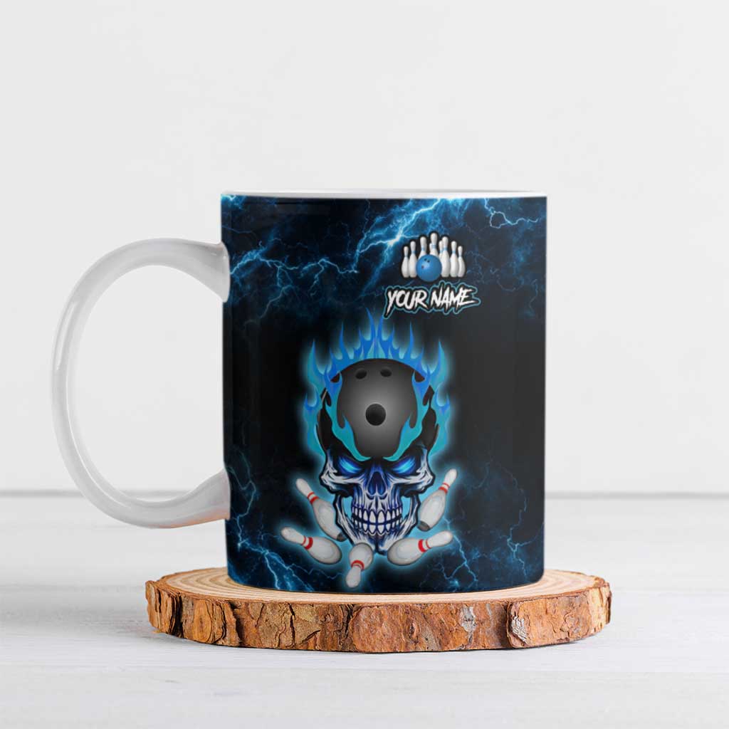 Personalized Bowling Skull Ceramic Mug with Blue Flame Energy and Electric Lightning Strike Pattern - Wonder Print Shop