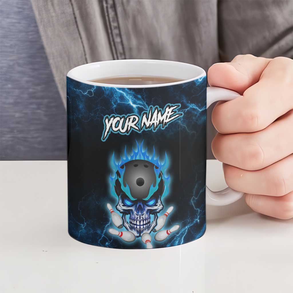 Personalized Bowling Skull Ceramic Mug with Blue Flame Energy and Electric Lightning Strike Pattern - Wonder Print Shop