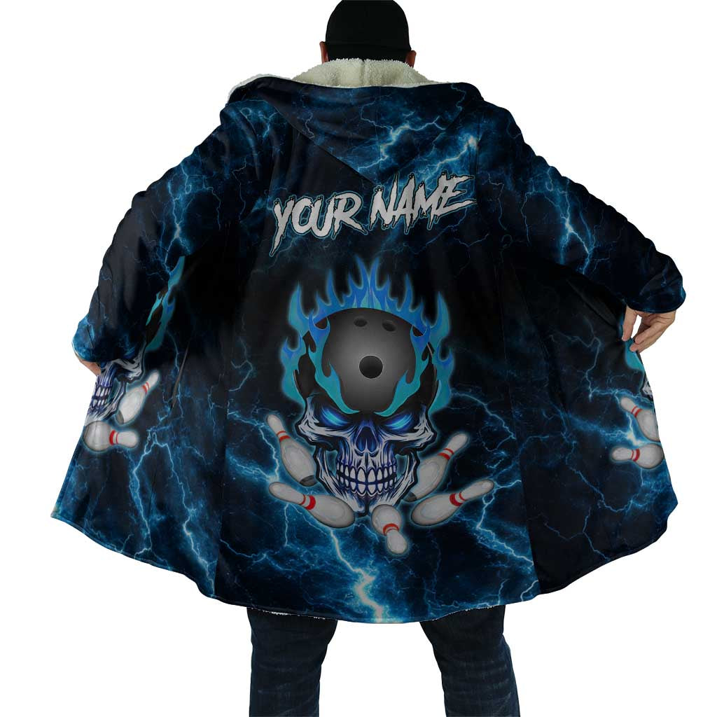 Personalized Bowling Skull Cloak with Blue Flame Energy and Electric Lightning Strike Pattern - Wonder Print Shop