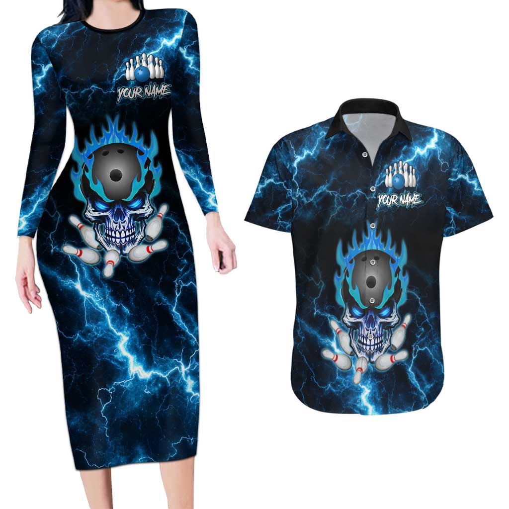 Personalized Bowling Skull Couples Matching Long Sleeve Bodycon Dress and Hawaiian Shirt with Blue Flame Energy and Electric Lightning Strike Pattern - Wonder Print Shop