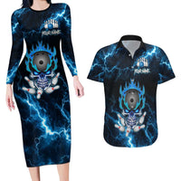 Personalized Bowling Skull Couples Matching Long Sleeve Bodycon Dress and Hawaiian Shirt with Blue Flame Energy and Electric Lightning Strike Pattern - Wonder Print Shop