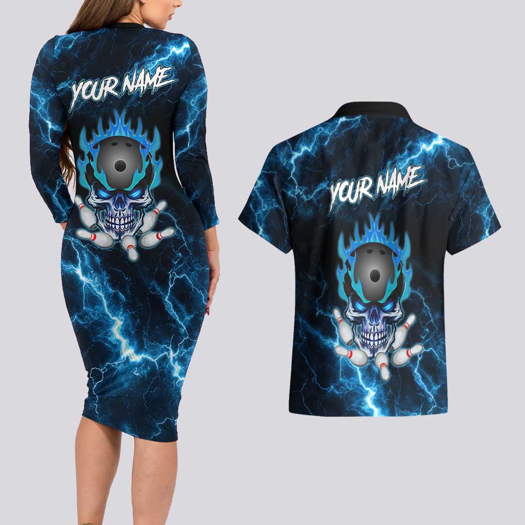 Personalized Bowling Skull Couples Matching Long Sleeve Bodycon Dress and Hawaiian Shirt with Blue Flame Energy and Electric Lightning Strike Pattern - Wonder Print Shop