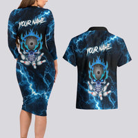 Personalized Bowling Skull Couples Matching Long Sleeve Bodycon Dress and Hawaiian Shirt with Blue Flame Energy and Electric Lightning Strike Pattern - Wonder Print Shop