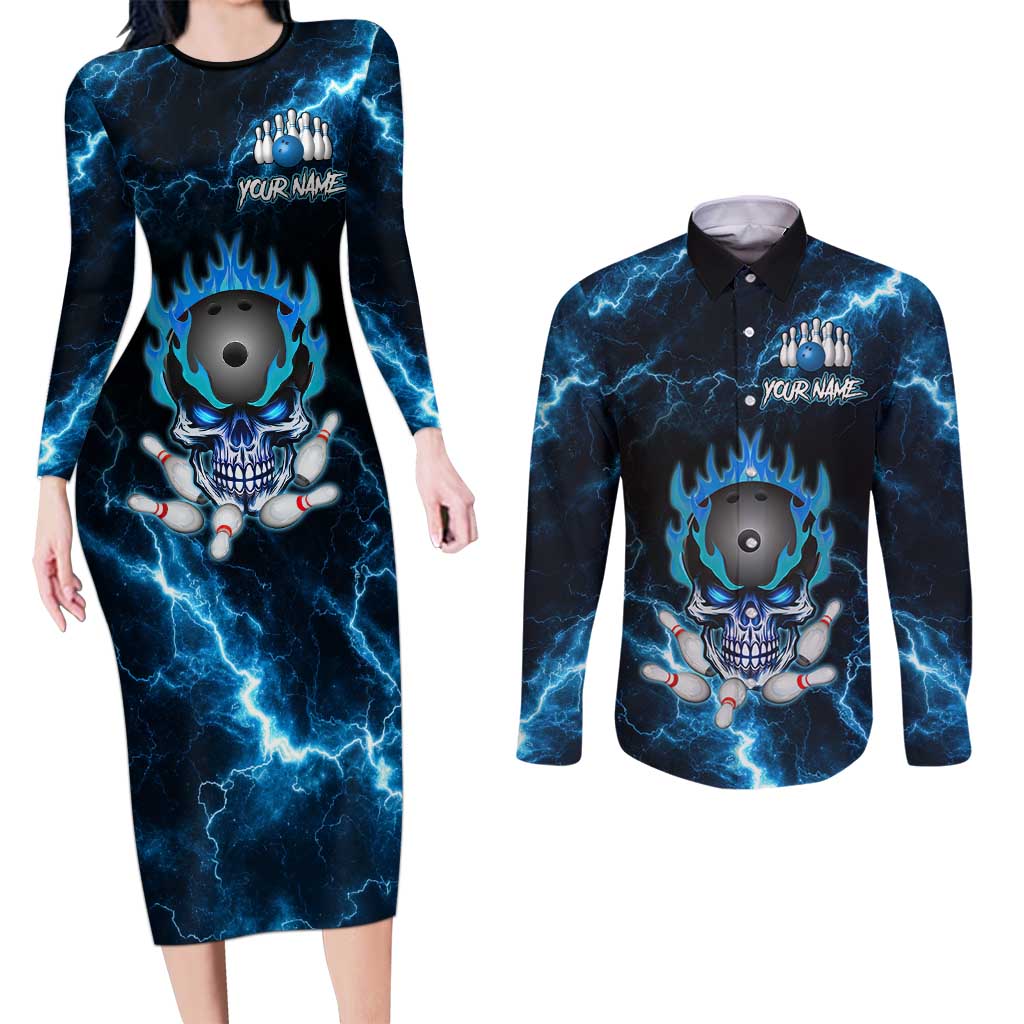 Personalized Bowling Skull Couples Matching Long Sleeve Bodycon Dress and Long Sleeve Button Shirt with Blue Flame Energy and Electric Lightning Strike Pattern - Wonder Print Shop