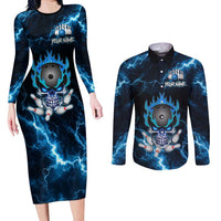 Personalized Bowling Skull Couples Matching Long Sleeve Bodycon Dress and Long Sleeve Button Shirt with Blue Flame Energy and Electric Lightning Strike Pattern - Wonder Print Shop