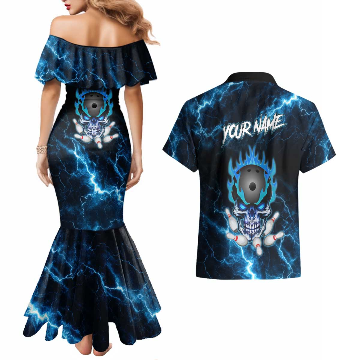 Personalized Bowling Skull Couples Matching Mermaid Dress and Hawaiian Shirt with Blue Flame Energy and Electric Lightning Strike Pattern - Wonder Print Shop