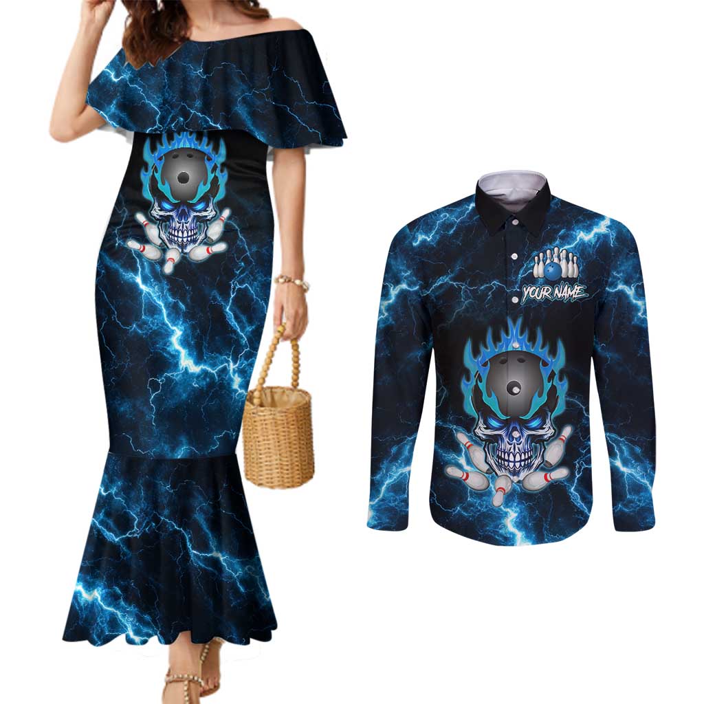 Personalized Bowling Skull Couples Matching Mermaid Dress and Long Sleeve Button Shirt with Blue Flame Energy and Electric Lightning Strike Pattern - Wonder Print Shop