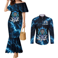Personalized Bowling Skull Couples Matching Mermaid Dress and Long Sleeve Button Shirt with Blue Flame Energy and Electric Lightning Strike Pattern - Wonder Print Shop