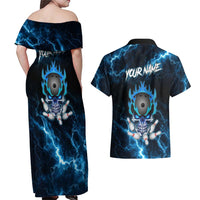 Personalized Bowling Skull Couples Matching Off Shoulder Maxi Dress and Hawaiian Shirt with Blue Flame Energy and Electric Lightning Strike Pattern - Wonder Print Shop
