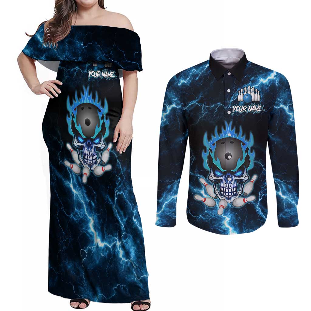 Personalized Bowling Skull Couples Matching Off Shoulder Maxi Dress and Long Sleeve Button Shirt with Blue Flame Energy and Electric Lightning Strike Pattern - Wonder Print Shop