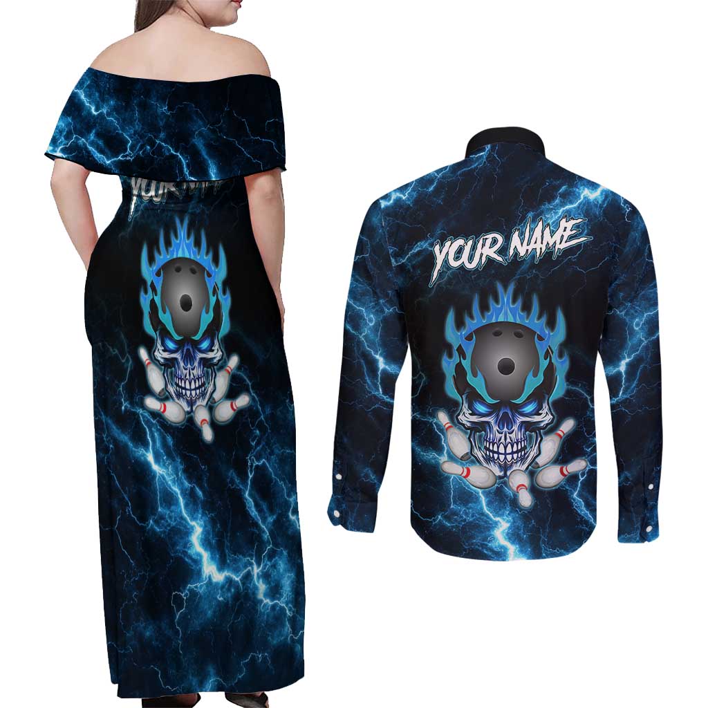 Personalized Bowling Skull Couples Matching Off Shoulder Maxi Dress and Long Sleeve Button Shirt with Blue Flame Energy and Electric Lightning Strike Pattern - Wonder Print Shop