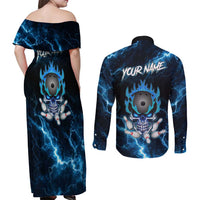 Personalized Bowling Skull Couples Matching Off Shoulder Maxi Dress and Long Sleeve Button Shirt with Blue Flame Energy and Electric Lightning Strike Pattern - Wonder Print Shop